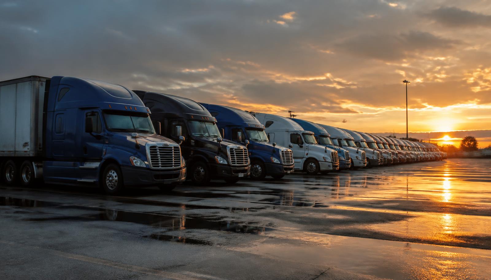 Fleet of semi trucks on an American highway at sunrise